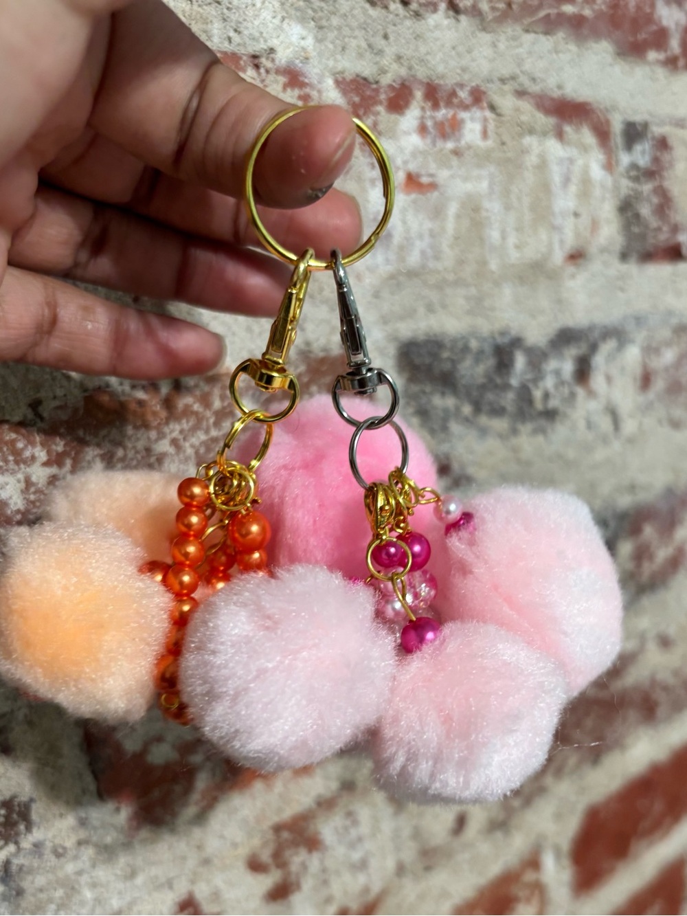 Pink & Peach chunky and bulky Pom Pom Keychain Duo